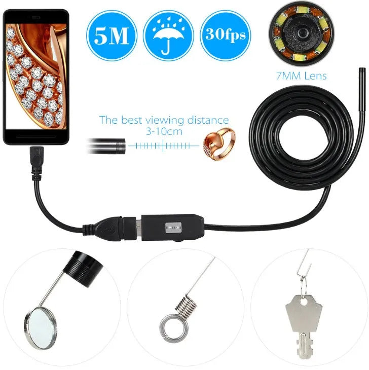 OWSOO USB endoscope with 5m cable, magnet attachment, and hook tool for Android phone inspections