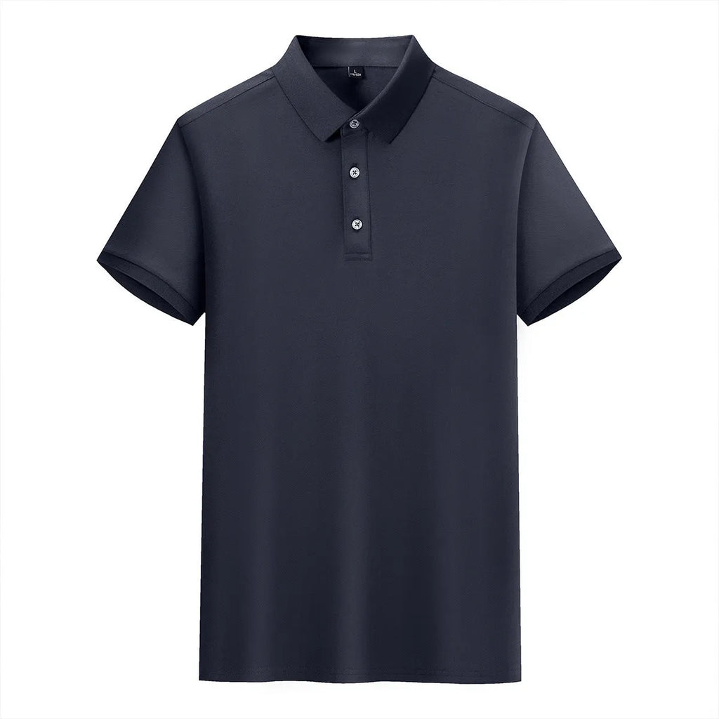 Short-sleeved V-neck lapel t-shirt in mulberry silk cotton blend for business wear, shown in multiple colours.