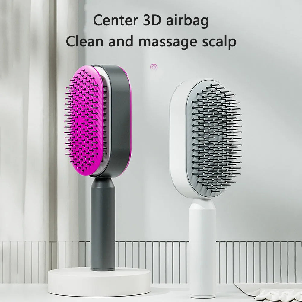 Self-cleaning air cushion hair brush in white, black gold, or black purple with ergonomic handle