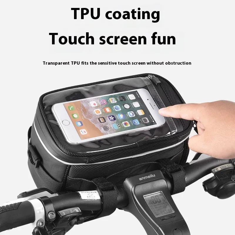 Black 7-inch bicycle handlebar bag with scooter head folding design mounted on bicycle