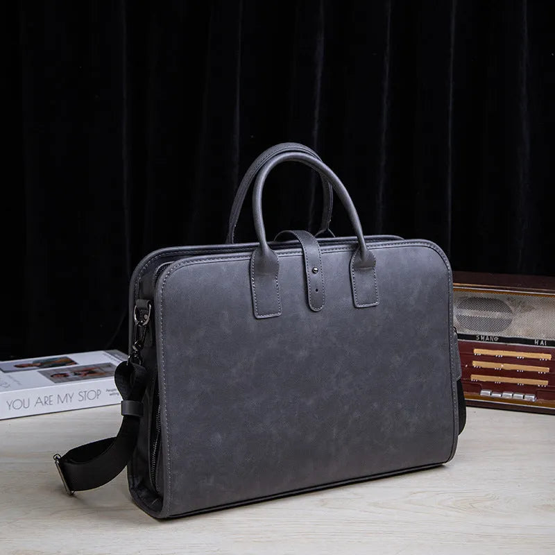 Men's dark gray waterproof PU business briefcase with rivet details, 41 cm wide, 30 cm high, 9 cm thick