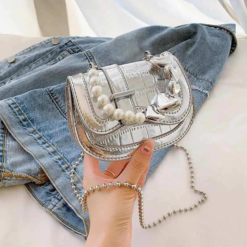 Women's laser pearl finish PU crossbody bag in horizontal square shape with single shoulder strap