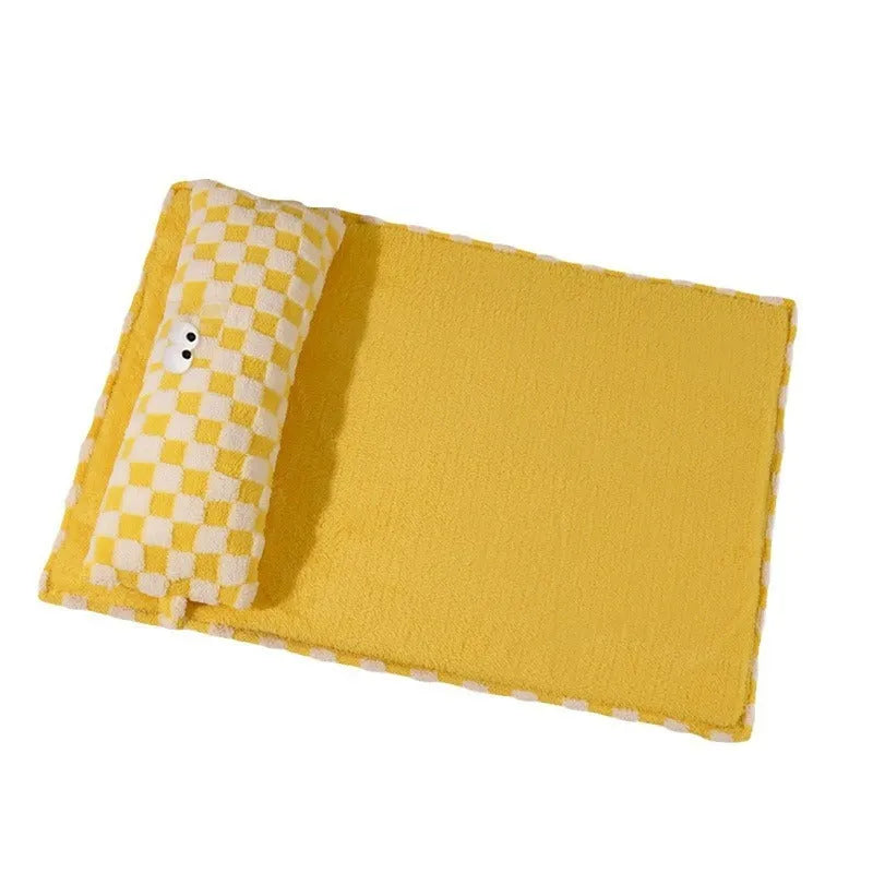 Grey and yellow pet sleeping mat in four sizes for cats and dogs
