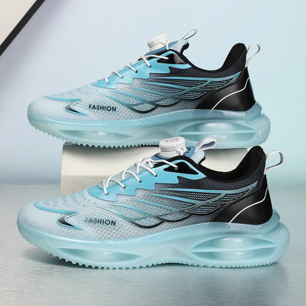 Pair of sky blue casual running shoes with mesh upper, round toe, and flat rubber sole on a white background.
