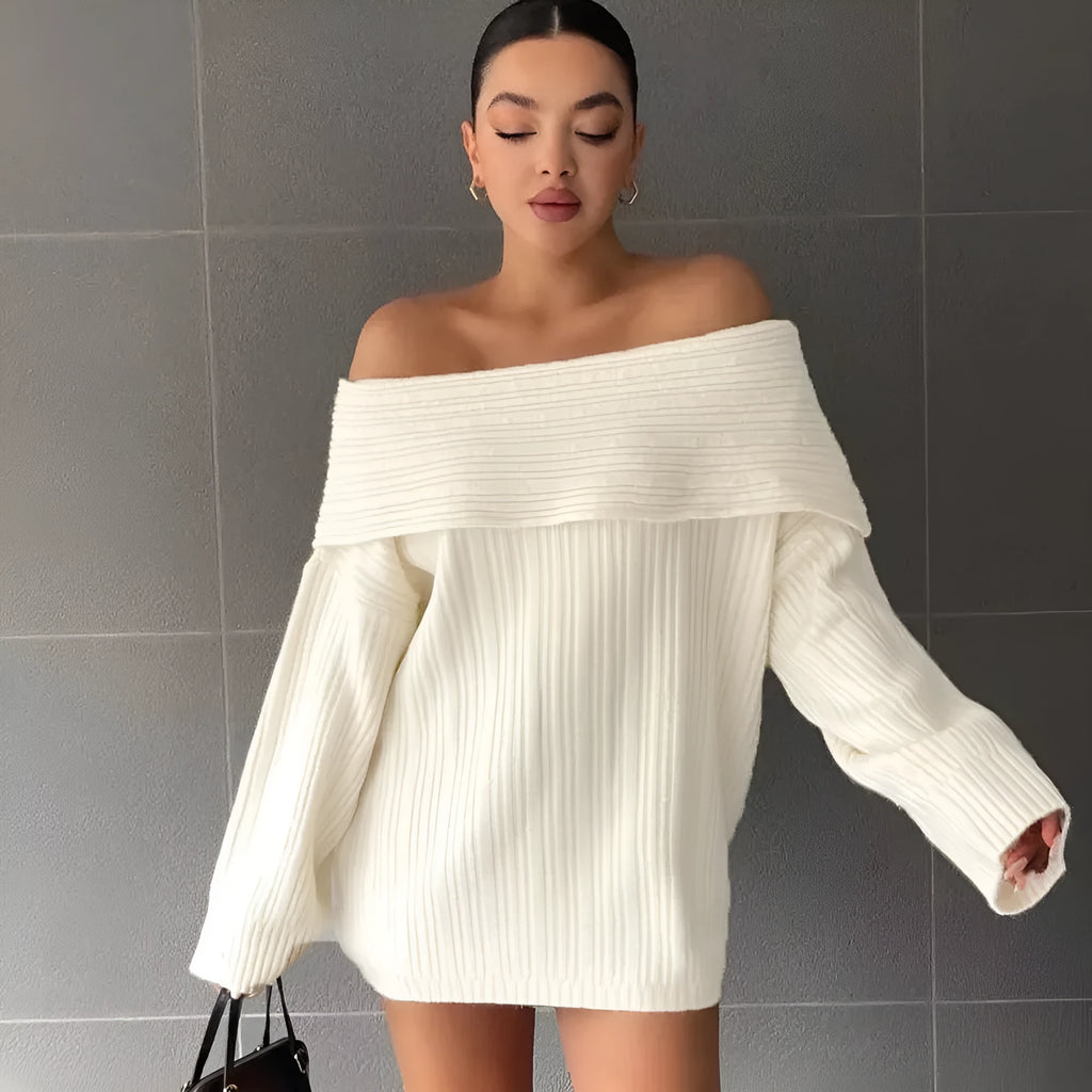 Women's loose-fitting acrylic pullover sweater in black, white, khaki or red with long sleeves