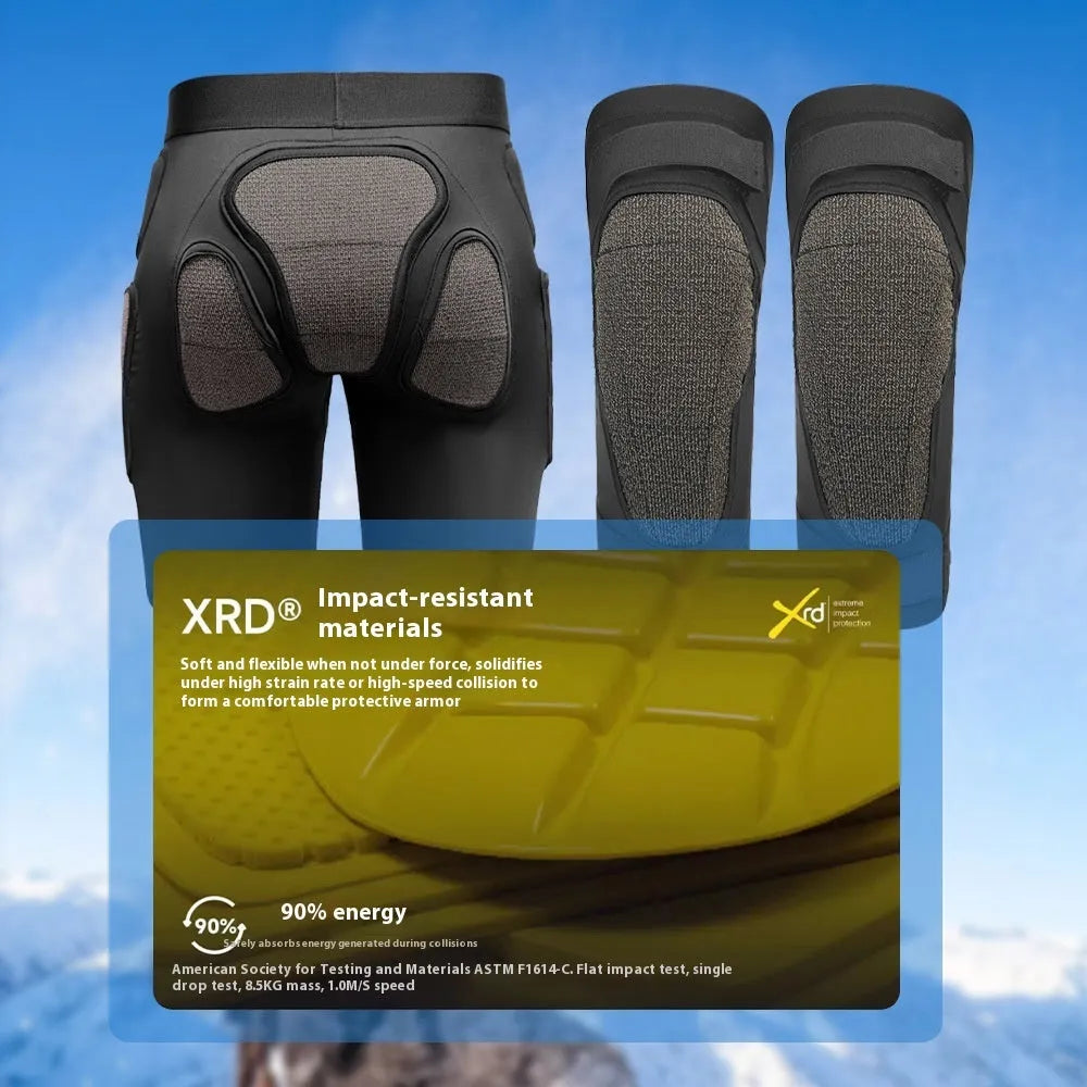 X-ray diffraction ski protective gear set showing hip pads and knee pads for winter sports impact protection