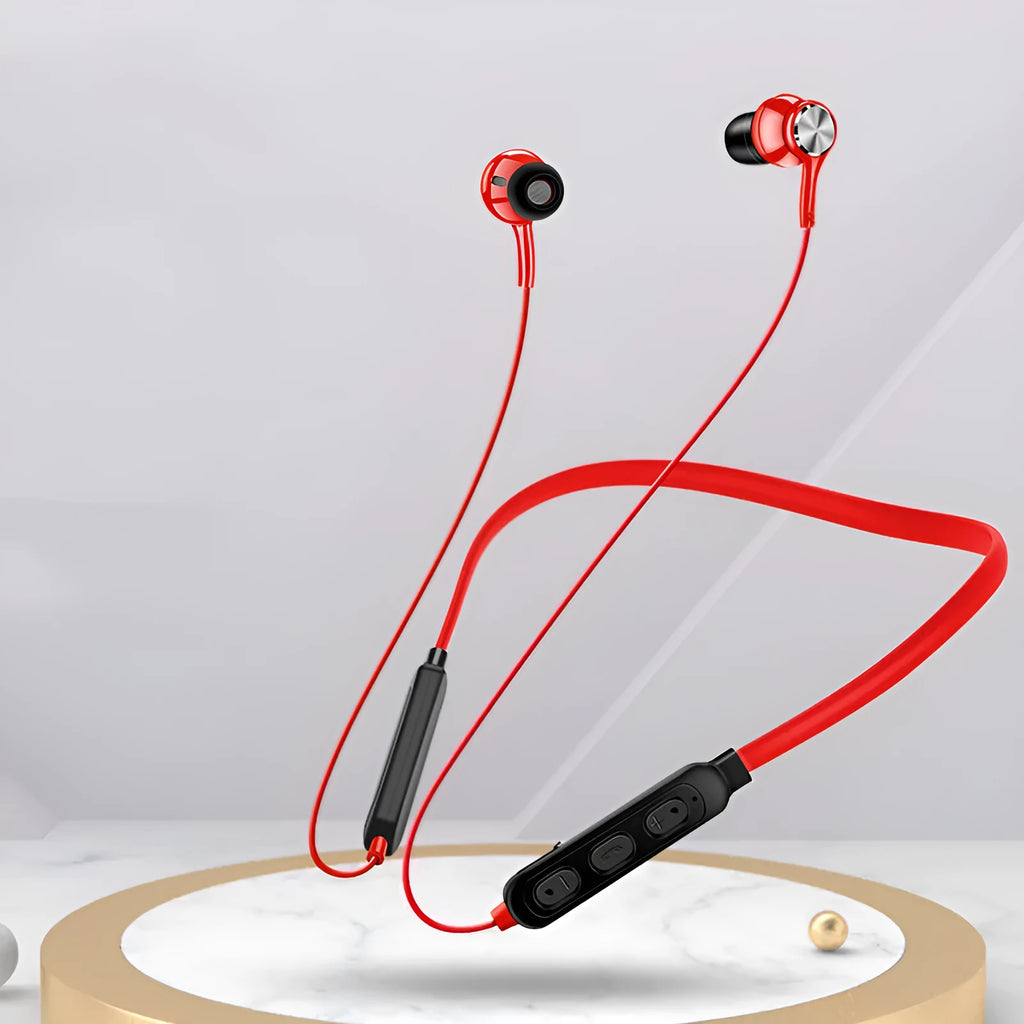 G03 neckband sports Bluetooth earphones in black, red, and white colour options showing the over-the-neck design.