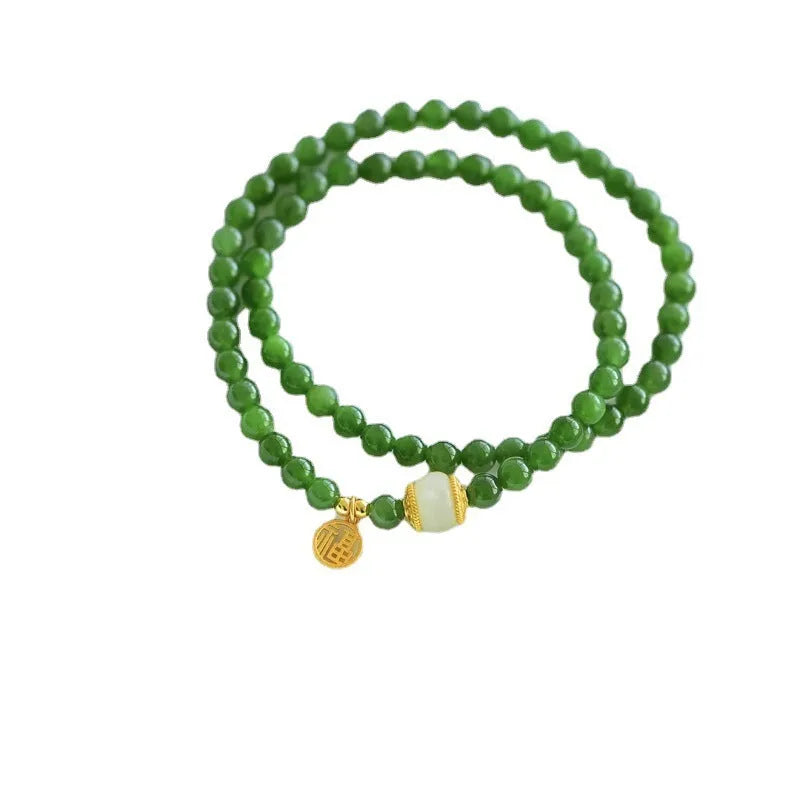 Women's double circle Hetian jade bracelet with geometric 6mm beads and fu character charm