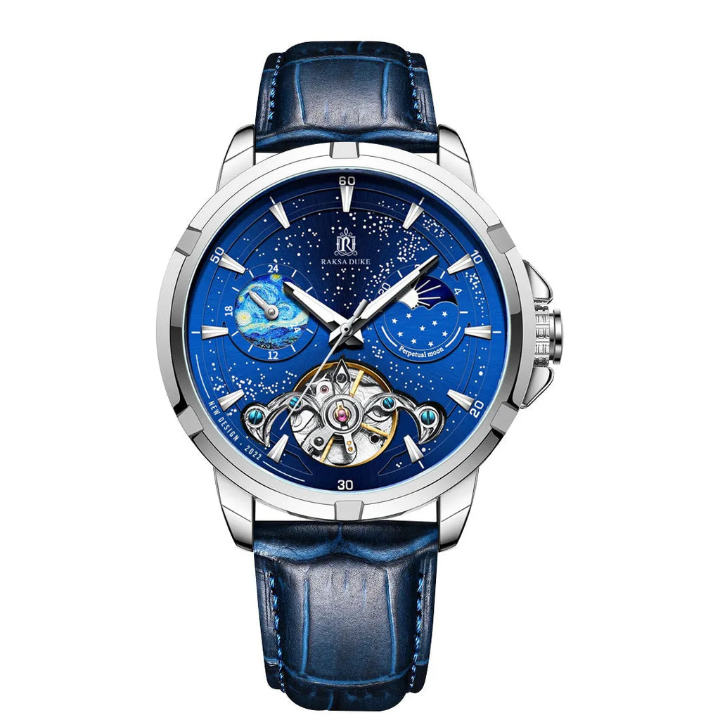 Men's blue automatic mechanical wristwatch with day-date window on stainless steel case.