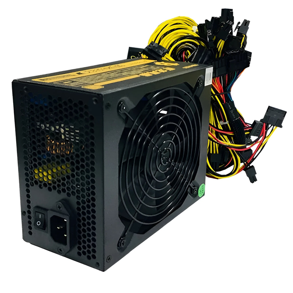 Black full voltage 110V power supply for servers with 1600W to 2000W rating and twelve 6+2 pin connectors