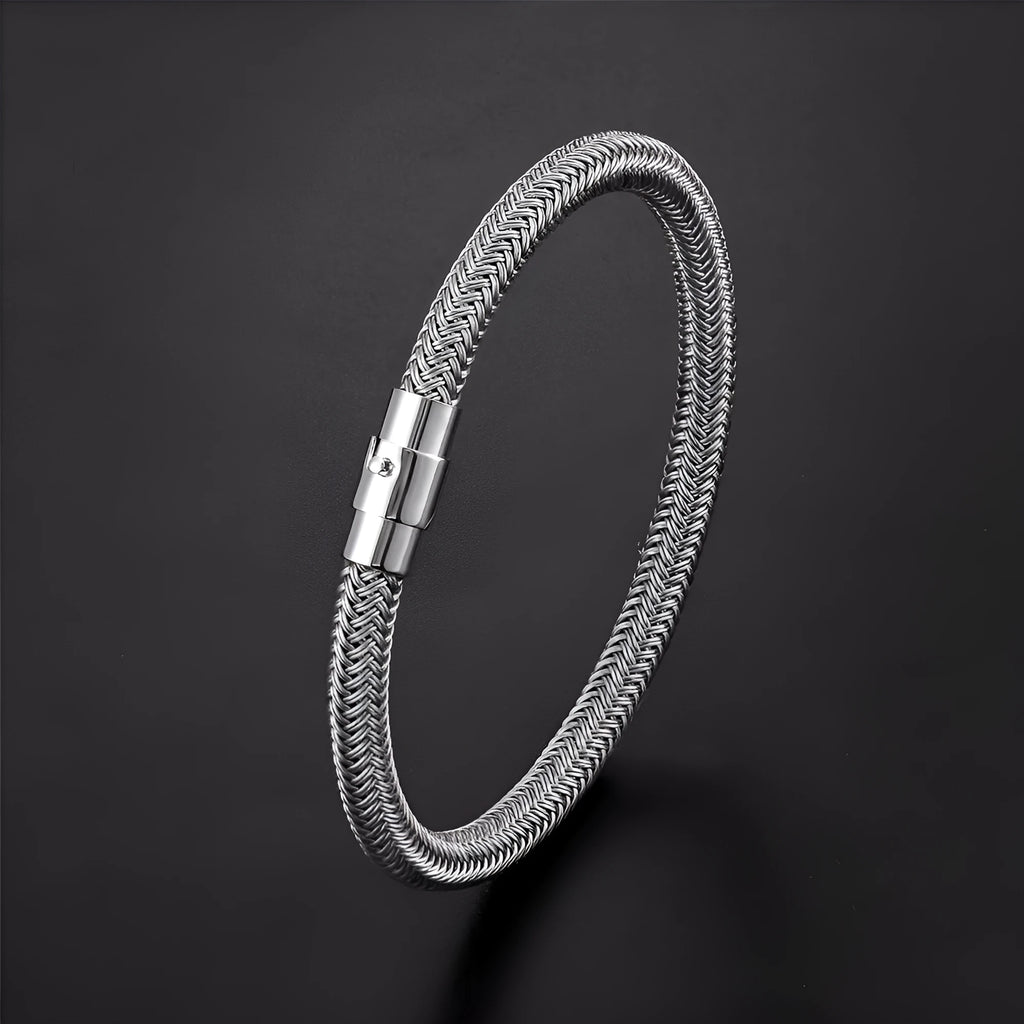 Men's titanium steel geometric wire bracelet with a magnetic clasp shown in multiple colours.