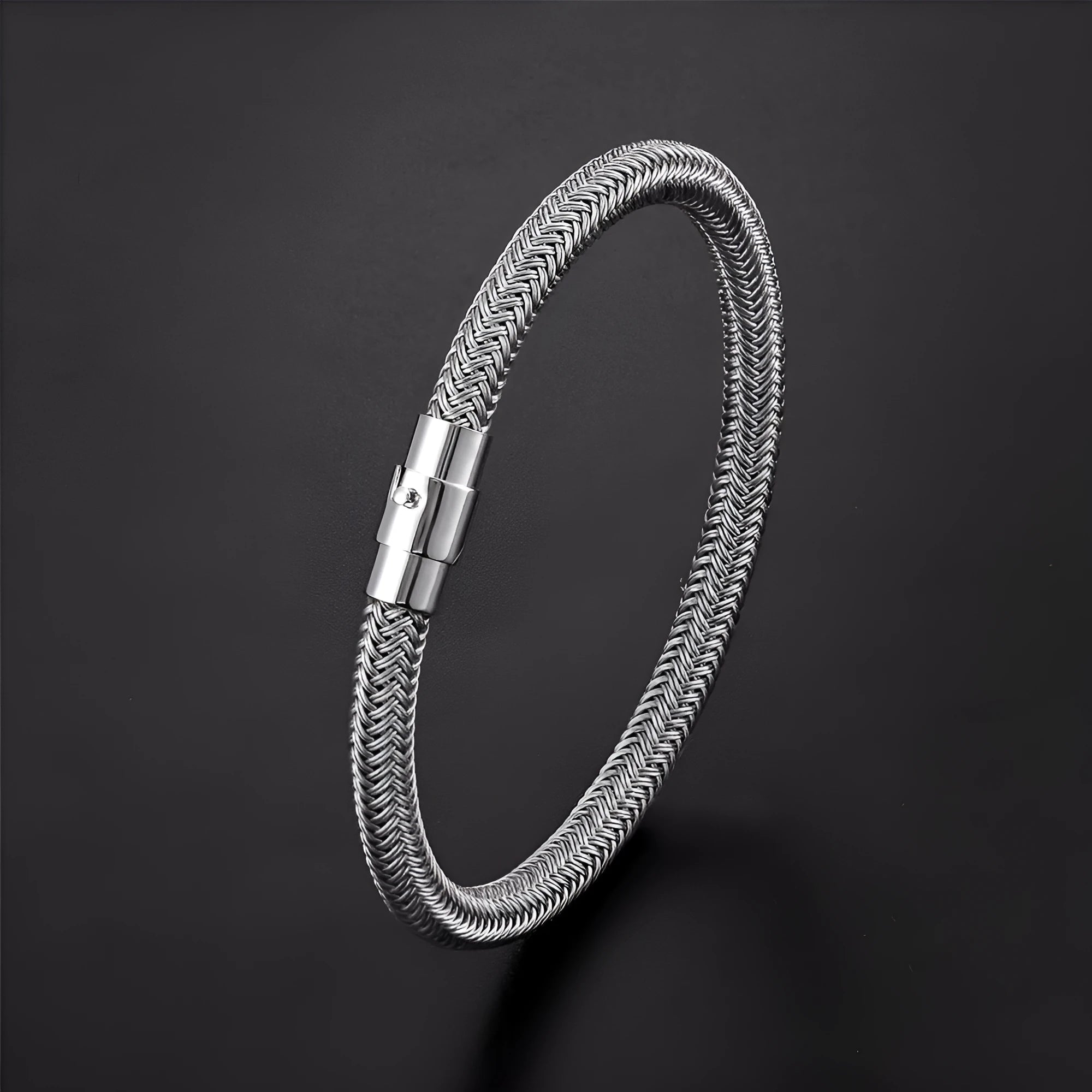 Men's titanium steel geometric wire bracelet with a magnetic clasp shown in multiple colours.