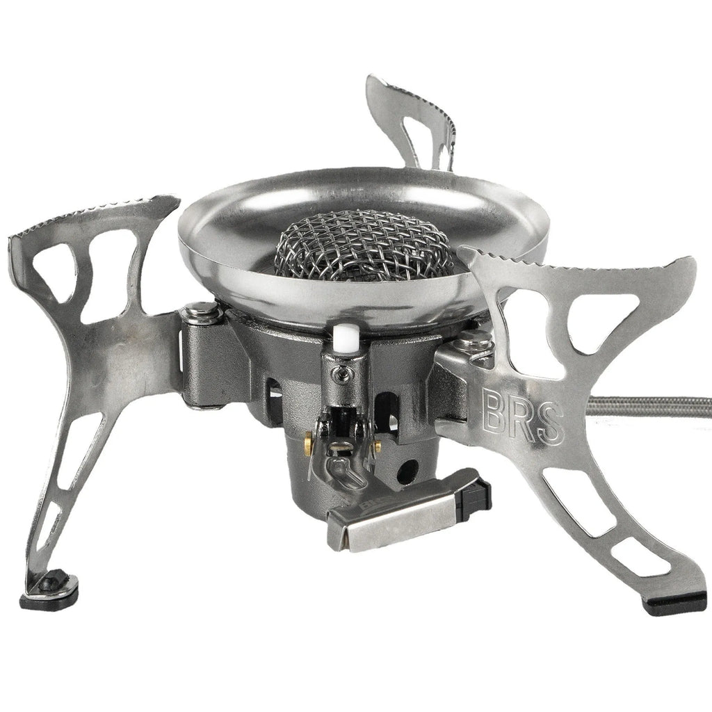 BRS-15 silver windproof camping gas stove, stainless steel and copper alloy, 186x86mm expanded, 313g
