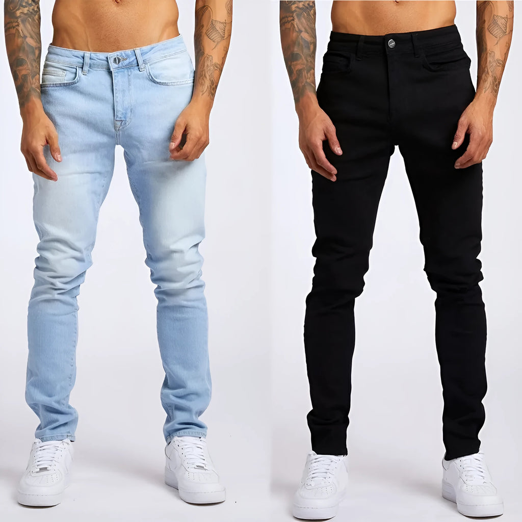 Men's fashion casual slim fit high waist cotton jeans in light blue, solid colour, size 28-36