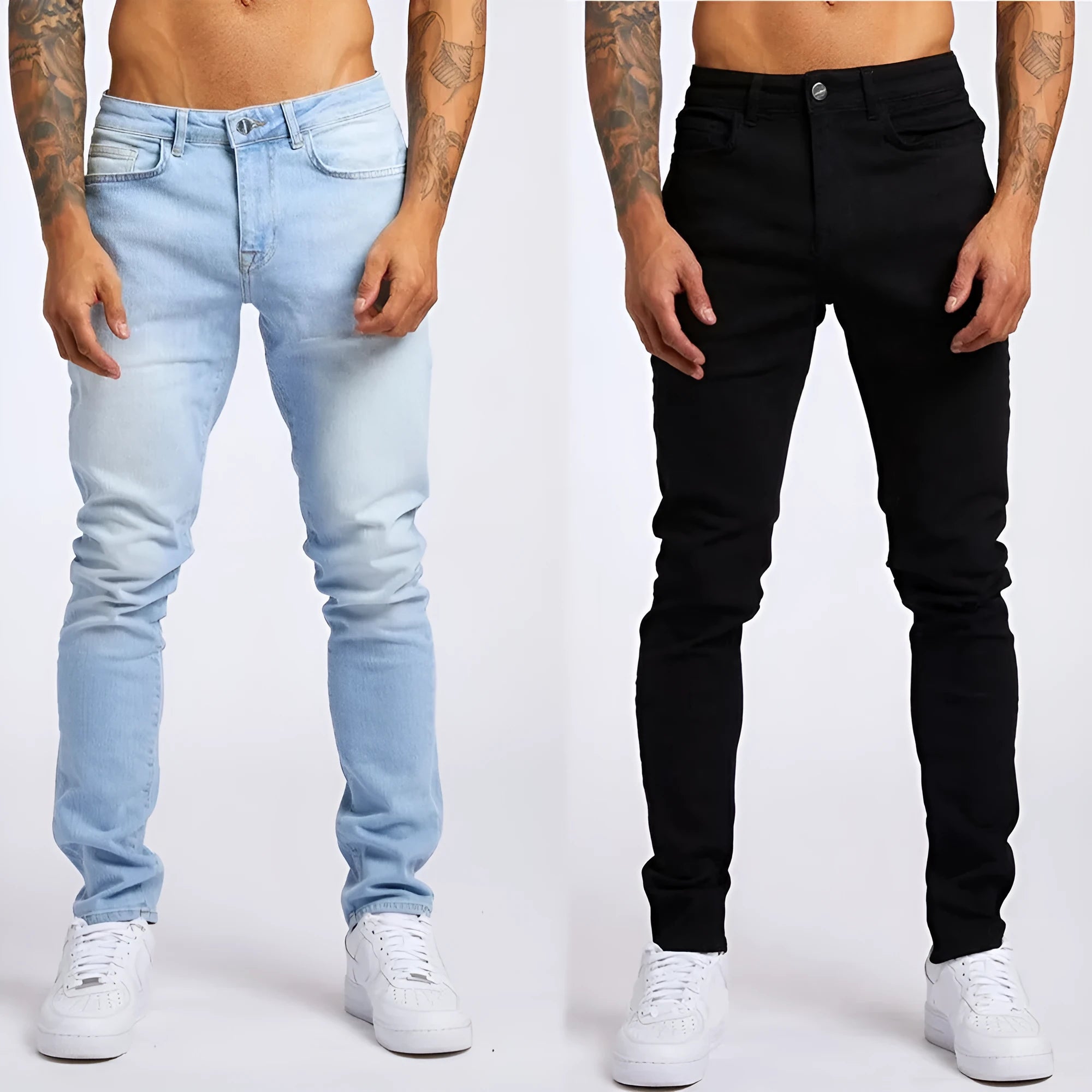 Men's fashion casual slim fit high waist cotton jeans in light blue, solid colour, size 28-36