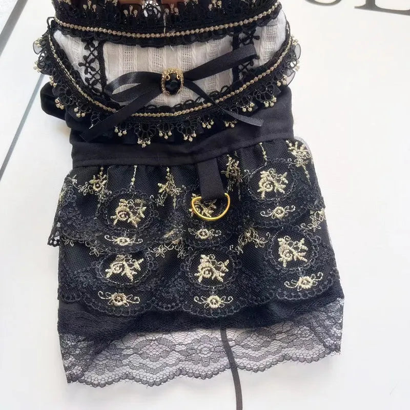 Golden gothic-style princess skirt for a small dog or cat on a mannequin.