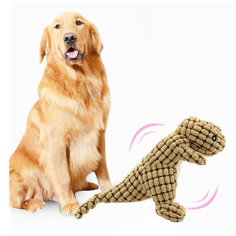 Grey, green, and orange dog chew toy with sound, measuring 35 cm long, for bite-resistant chewing.