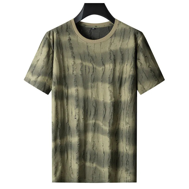 Men's grey plus size loose fit t-shirt on a hanger, showing short sleeves and round neck.
