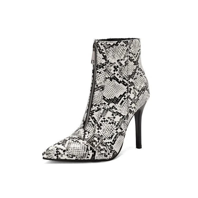 Women's belt buckle front zipper high heel boots in black artificial PU with low tube shaft