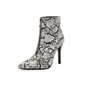 Women's belt buckle front zipper high heel boots in black artificial PU with low tube shaft