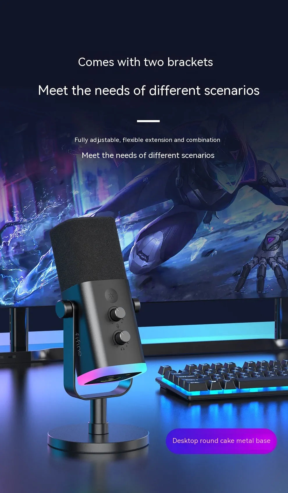 Black USB XLR microphone with noise reduction for streaming and recording, includes cables and base