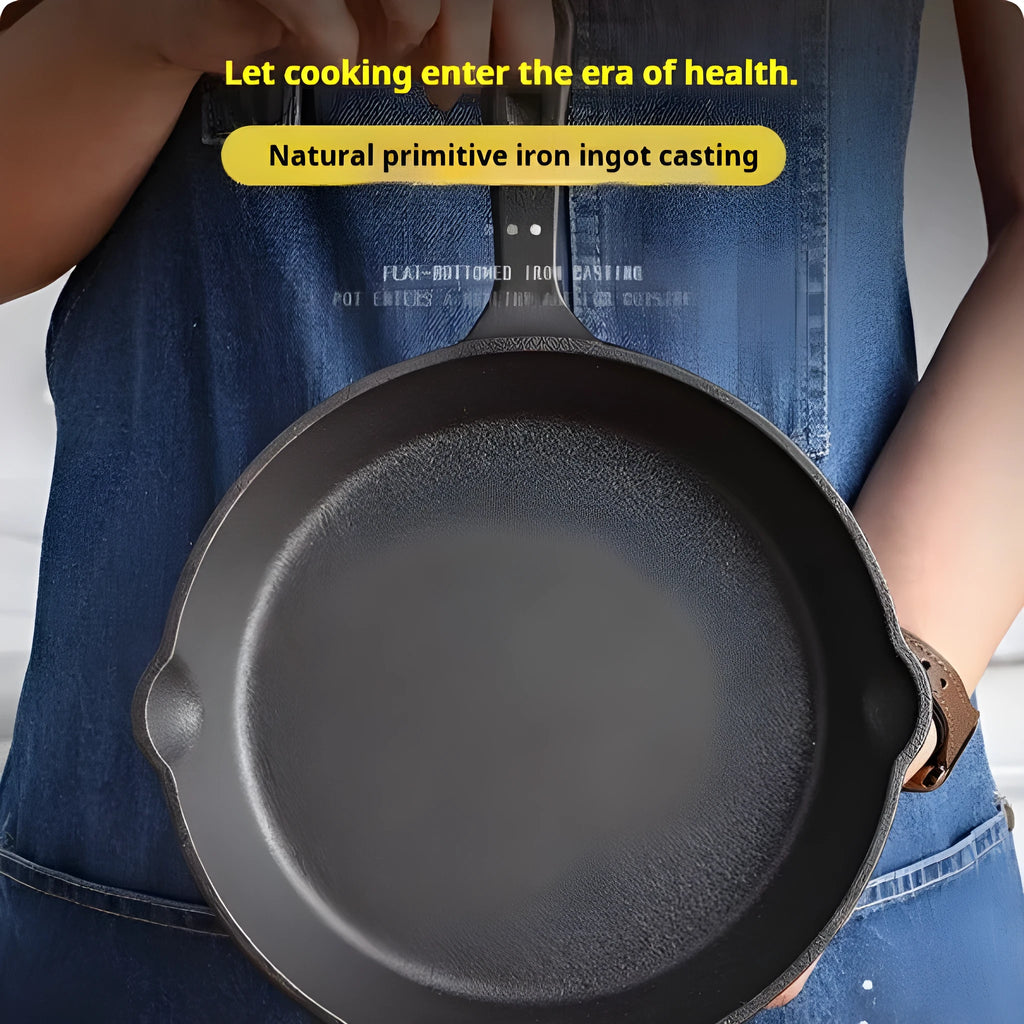 Cast iron frying pan with flat bottom and non-stick surface, shown in 16cm, 20cm or 25cm size without lid