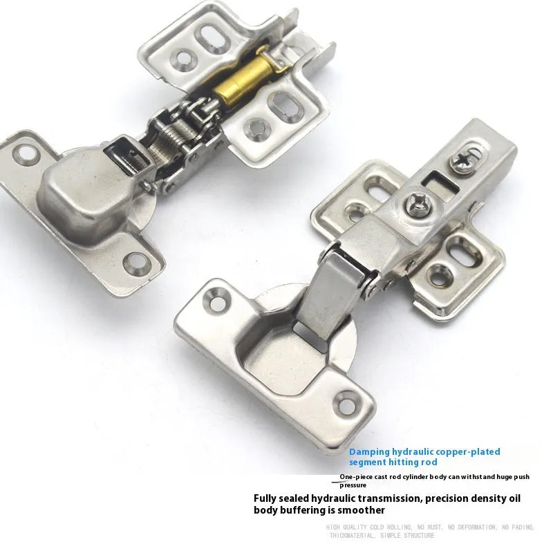 Nickel plated cold rolled steel hydraulic damping hinge for cabinet doors in three bend types.