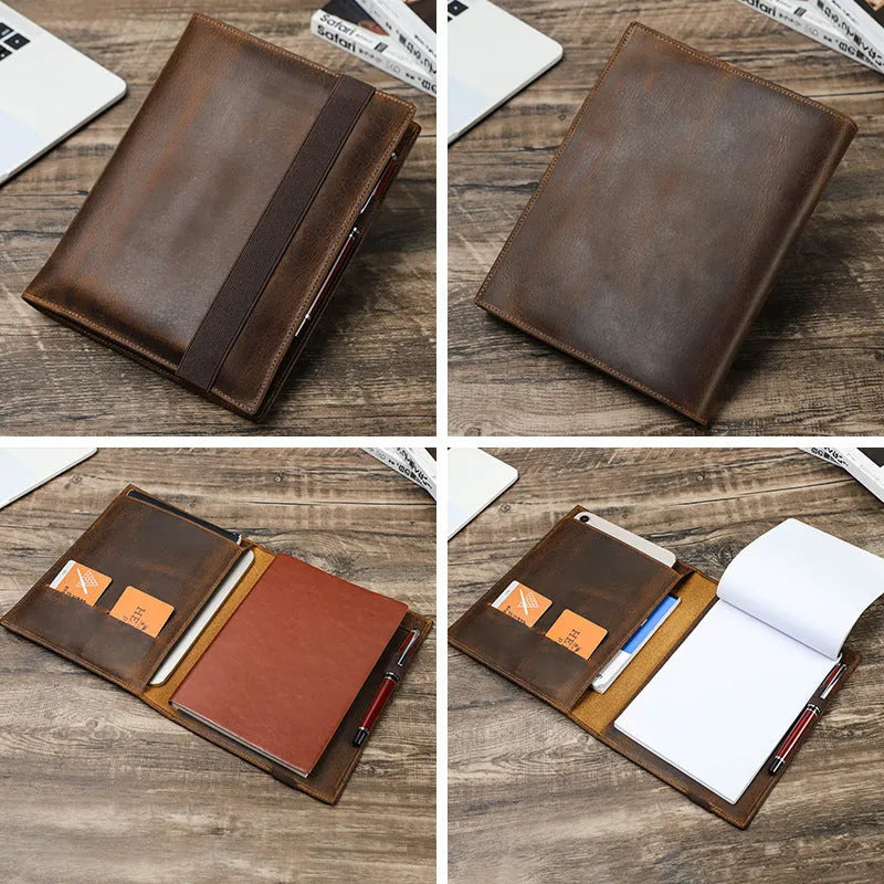 Brown Crazy Horse leather A5 notebook protective sleeve for 14.8x21cm paper notebooks