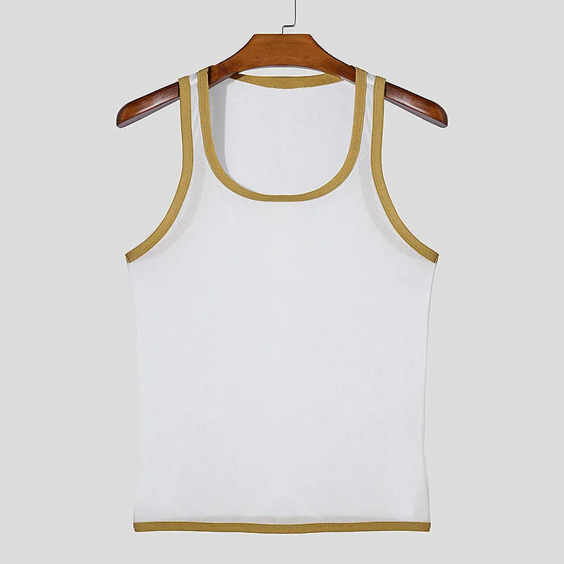 Men's solid-colour tight-fitting mesh vest for sports in black or white.
