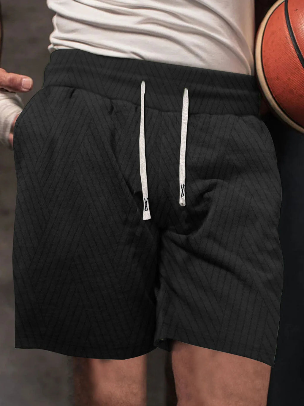 Men's drawstring loose brushed casual sports shorts in khaki, polyester fabric
