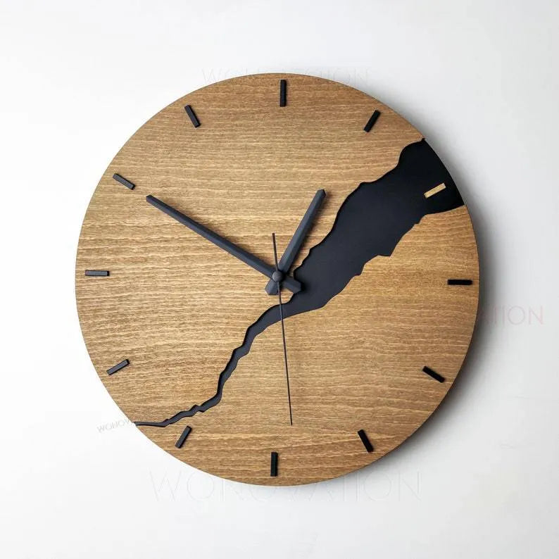 Modern round wooden wall clock with creative crack design and Arabic numerals