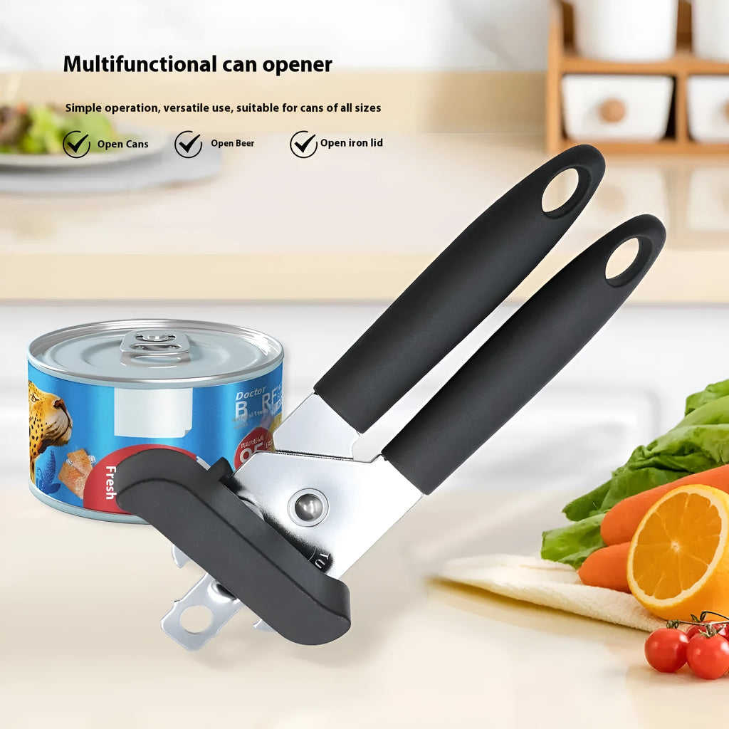 Black PP and iron plating can opener and bottle opener 18.5 x 5 cm on white background