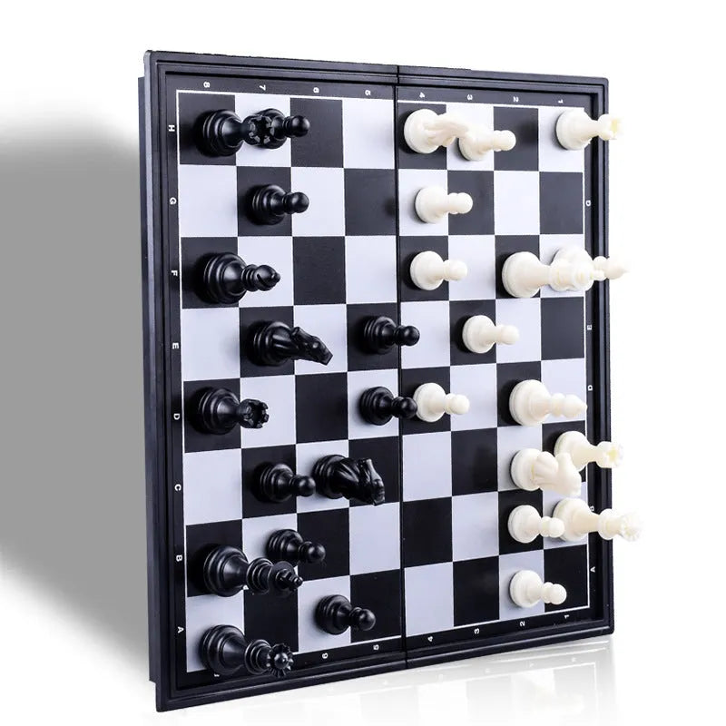 Three-in-one magnetic chess checkers backgammon set with plastic board, ABS pieces, and colour box packaging