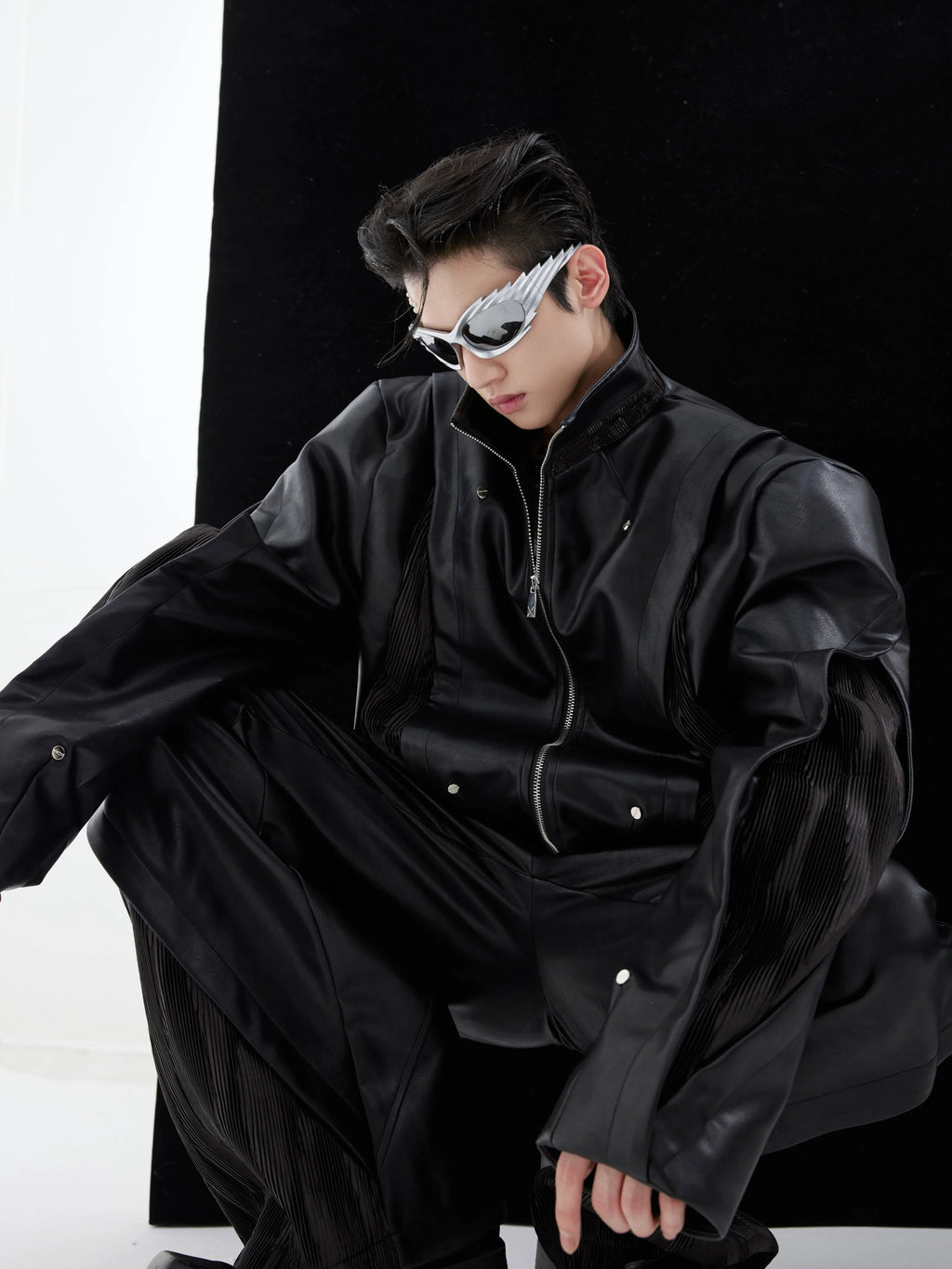 Men's PU leather motorcycle coat heavy stitching lapel collar single-breasted solid colour