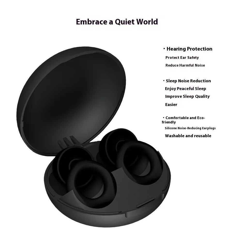 A pair of black silicone soundproof earplugs for noise reduction, presented on a white background.