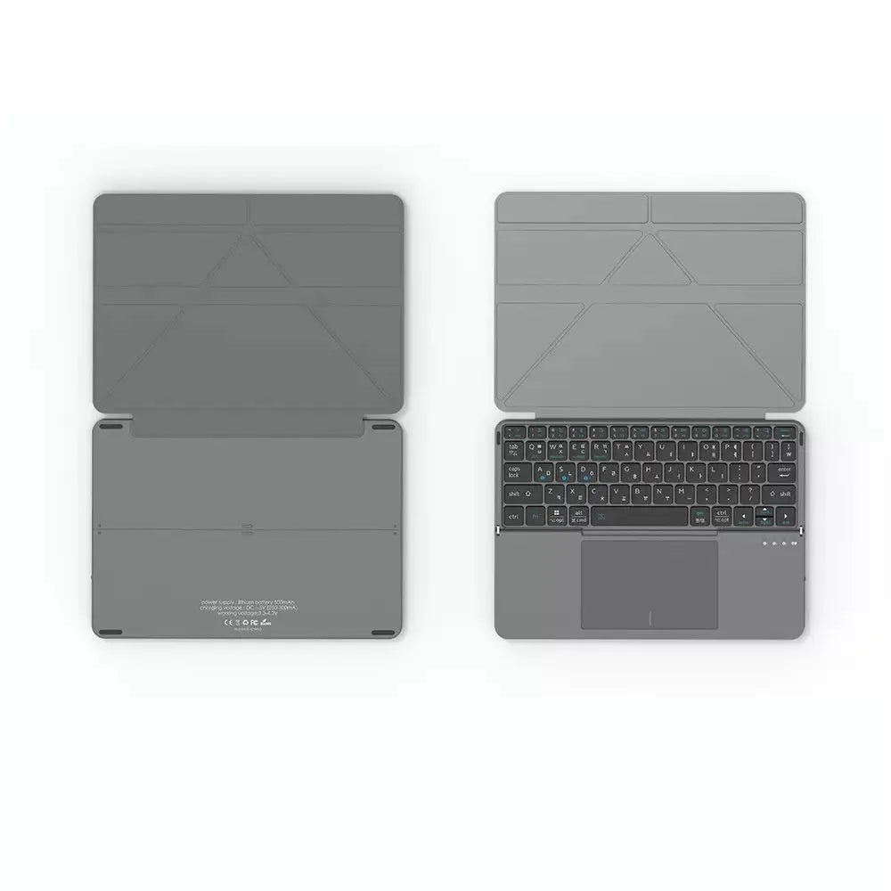 Grey folding Bluetooth wireless keyboard shown closed and open, for use with mobile phones and tablets.