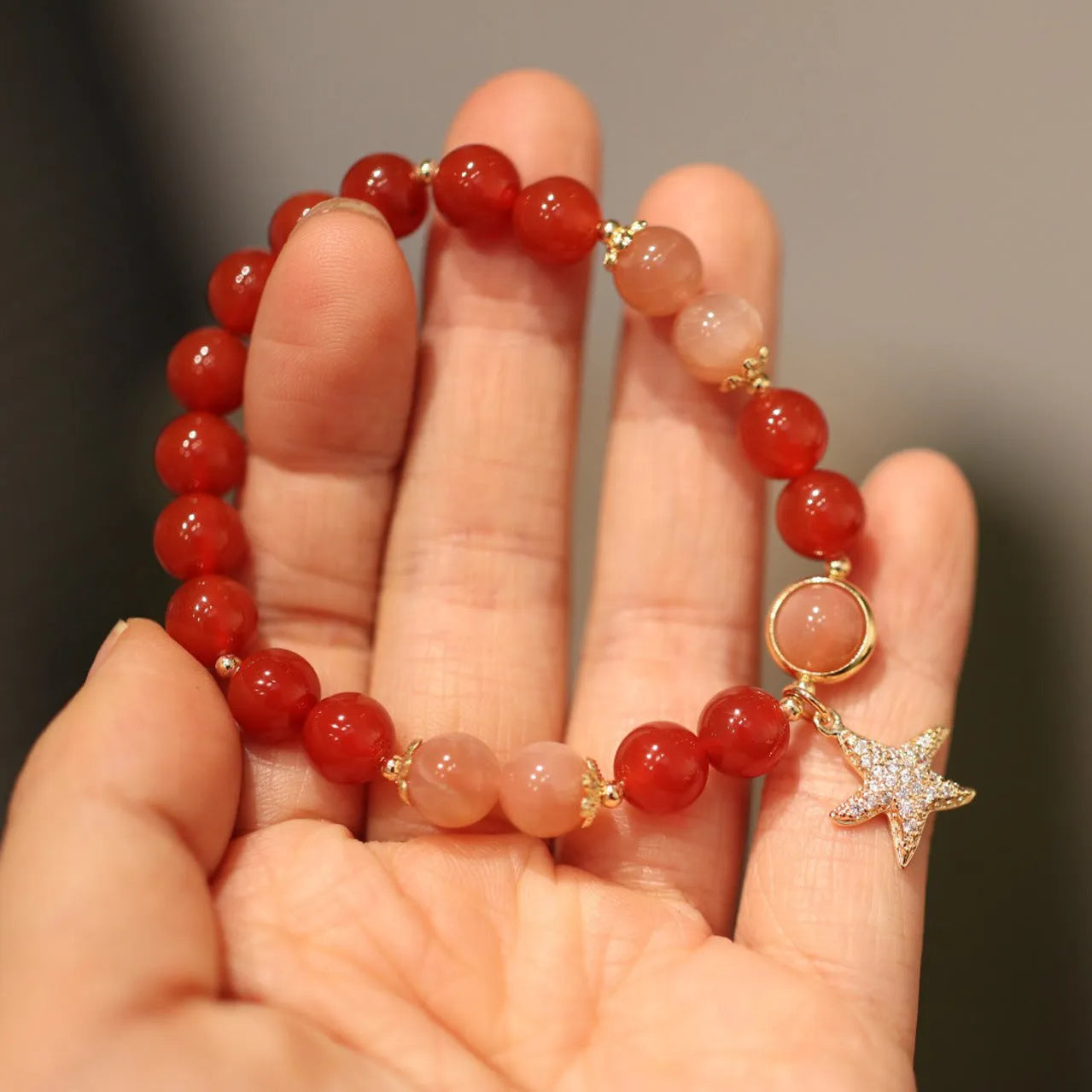 Handmade women's bracelet with red agate and sands orange sunstone 8mm beads in ethnic style