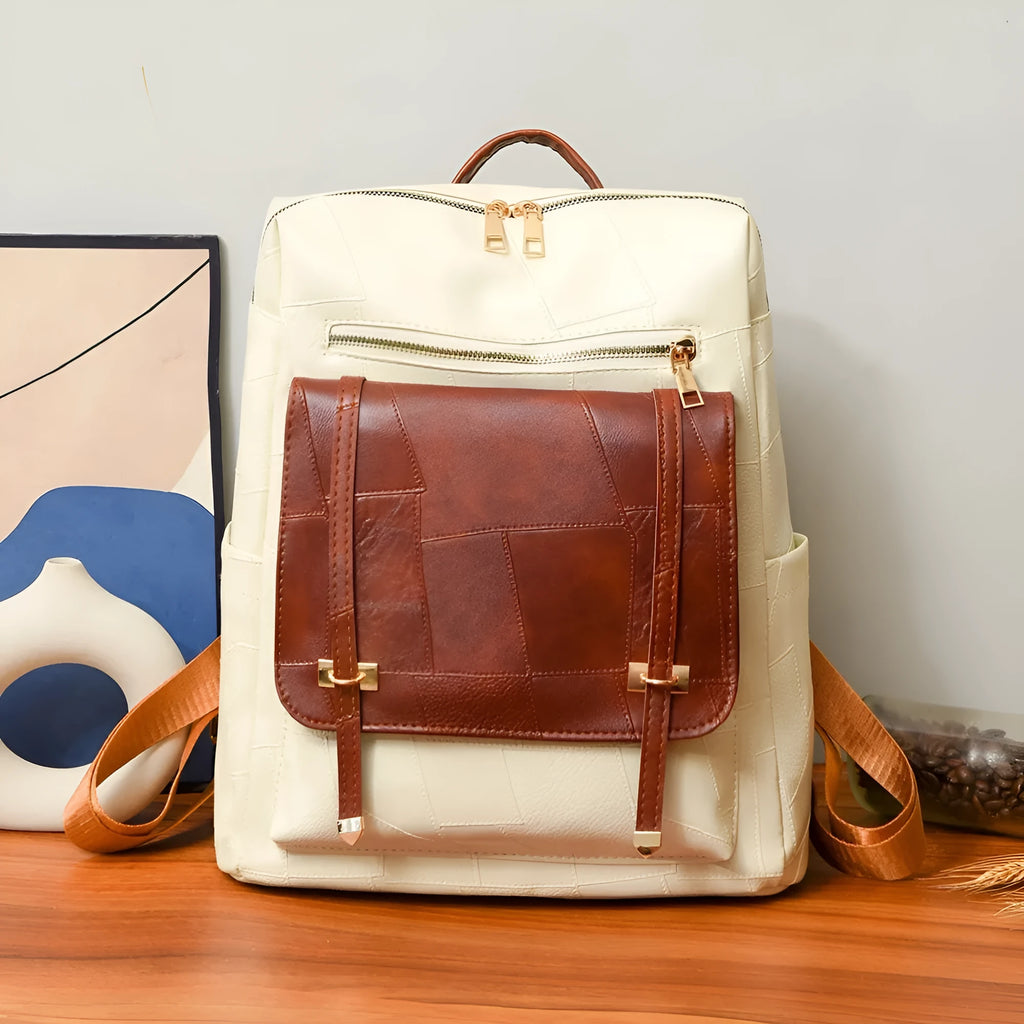 Retro women's backpack in PU leather with three-dimensional pocket and waterproof construction