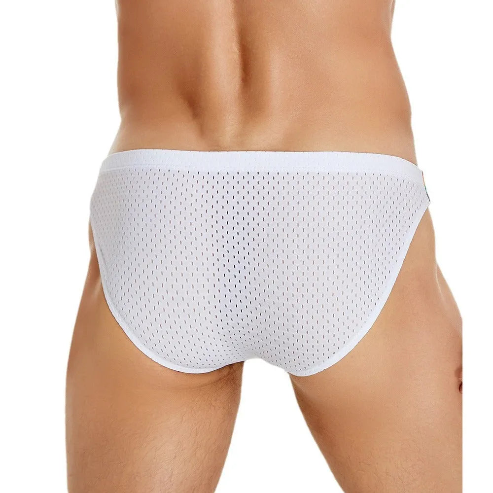 Men's nylon mesh briefs with low waist and rainbow waistband in black, dark blue, and white colours.