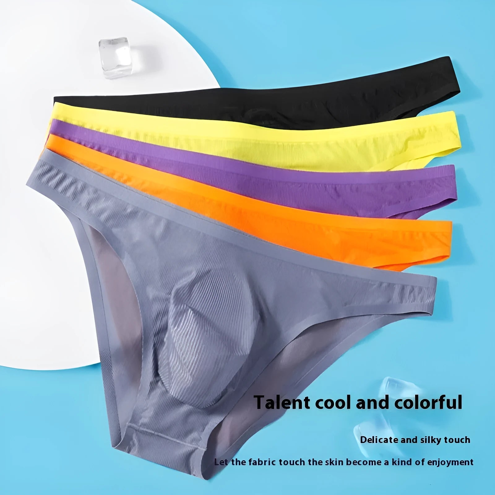 Men's ultra-thin seamless ice silk underwear briefs in striped colours on a white background.