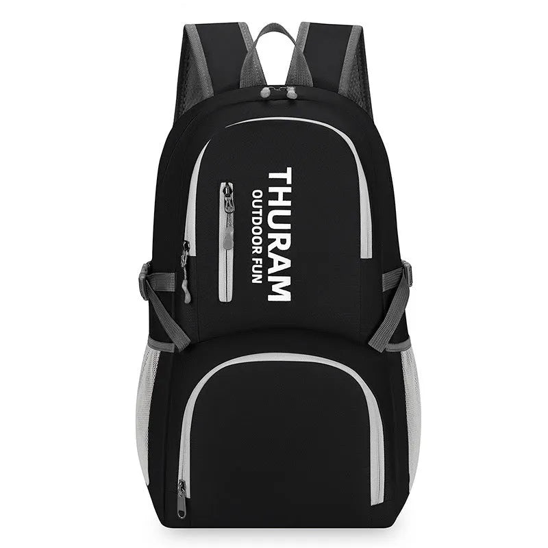 Large dark blue outdoor backpack with an air pillow belt, shown folded and unfolded.