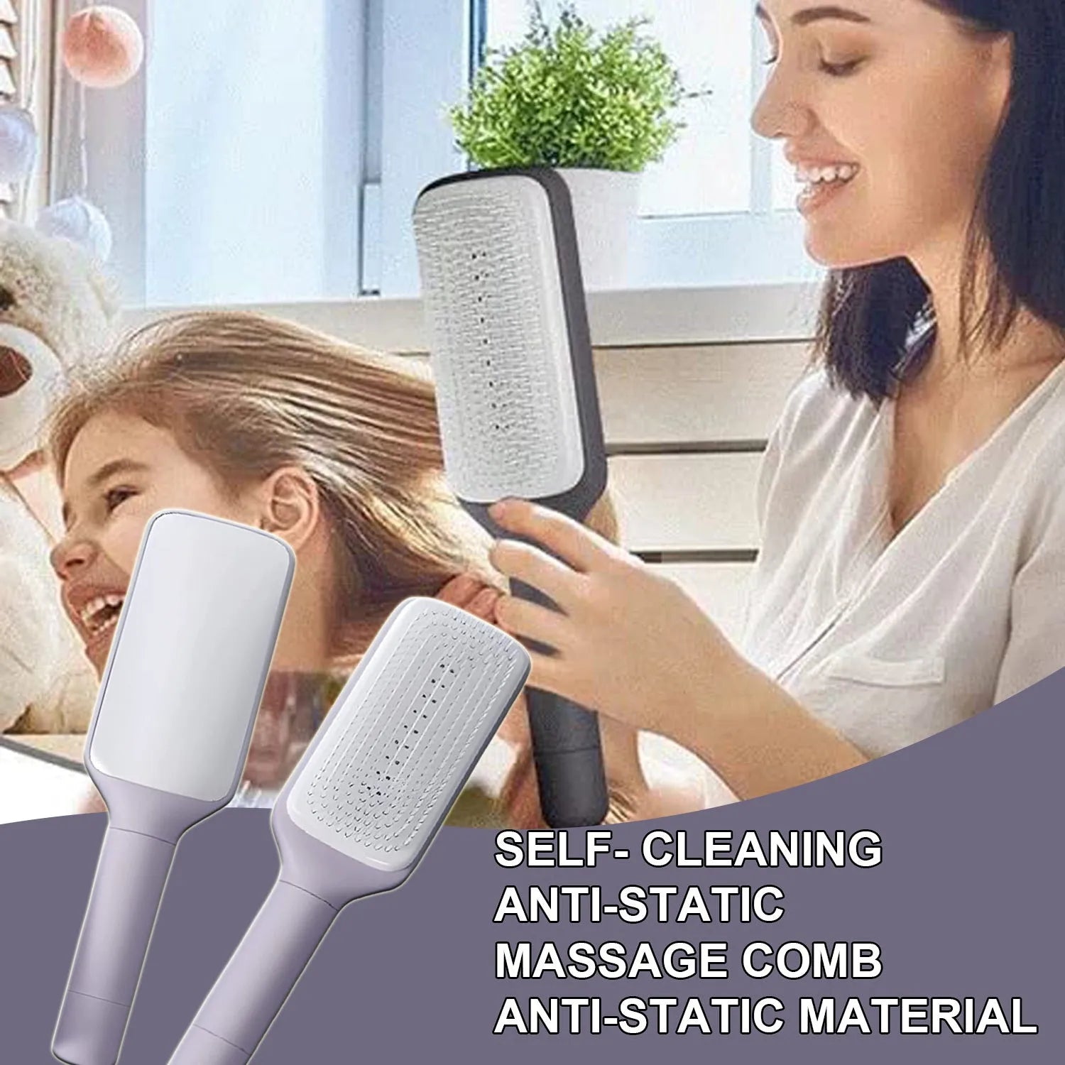 Purple self-cleaning hair brush with twist handle and massage comb teeth showing cleaning mechanism