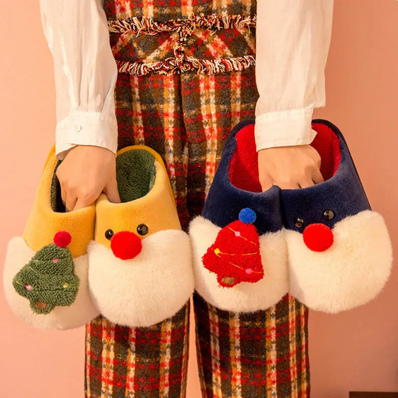 Winter plush Christmas slippers for women with Santa Claus and Christmas tree design, PVC anti-slip sole and artificial wool insole