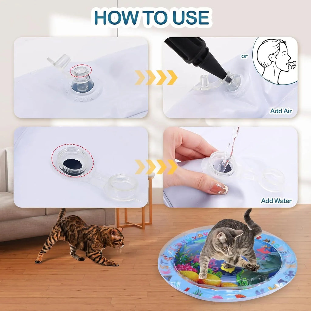 Large square blue water playmat for cats with floating fish toys inside, shown on a floor.
