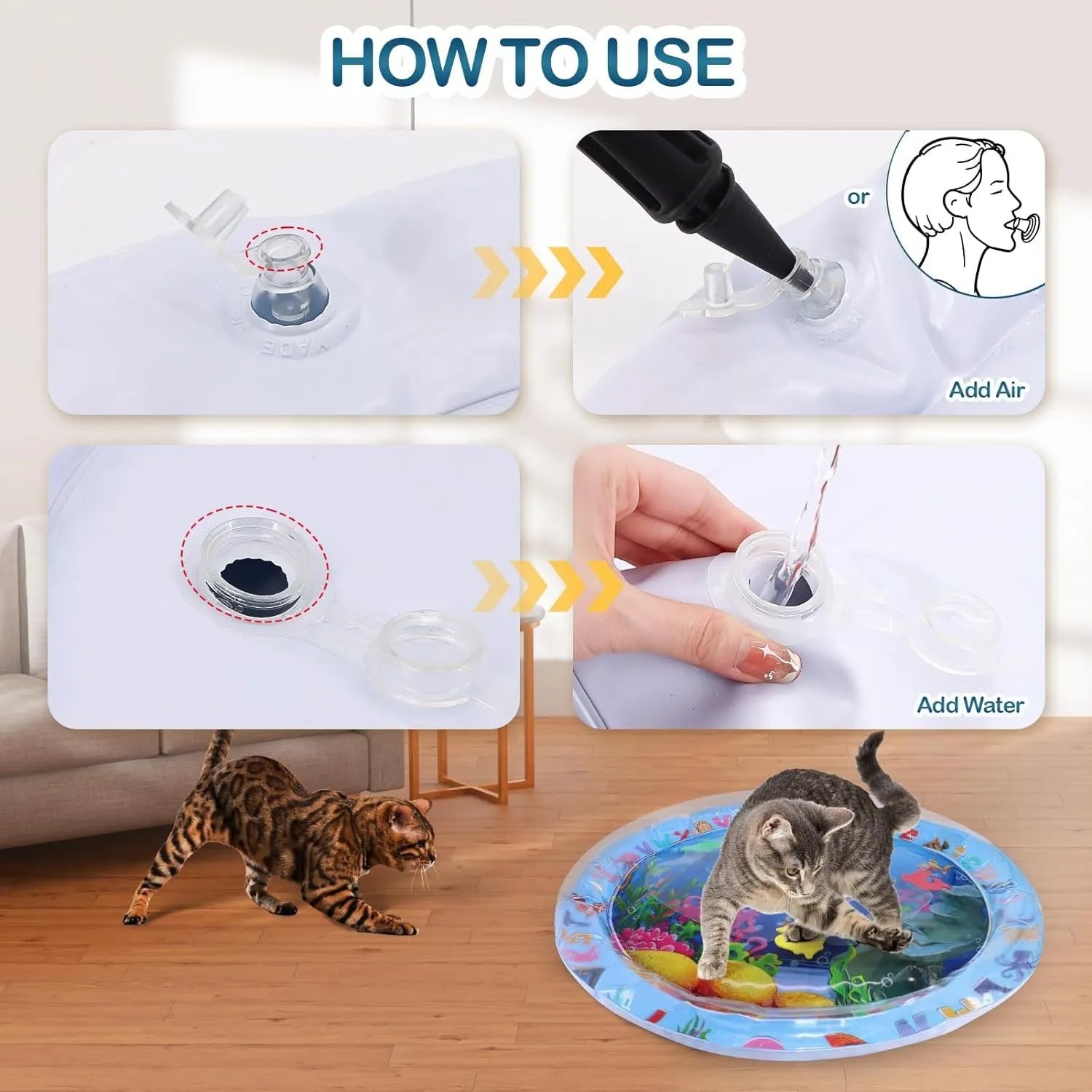 Large square blue water playmat for cats with floating fish toys inside, shown on a floor.