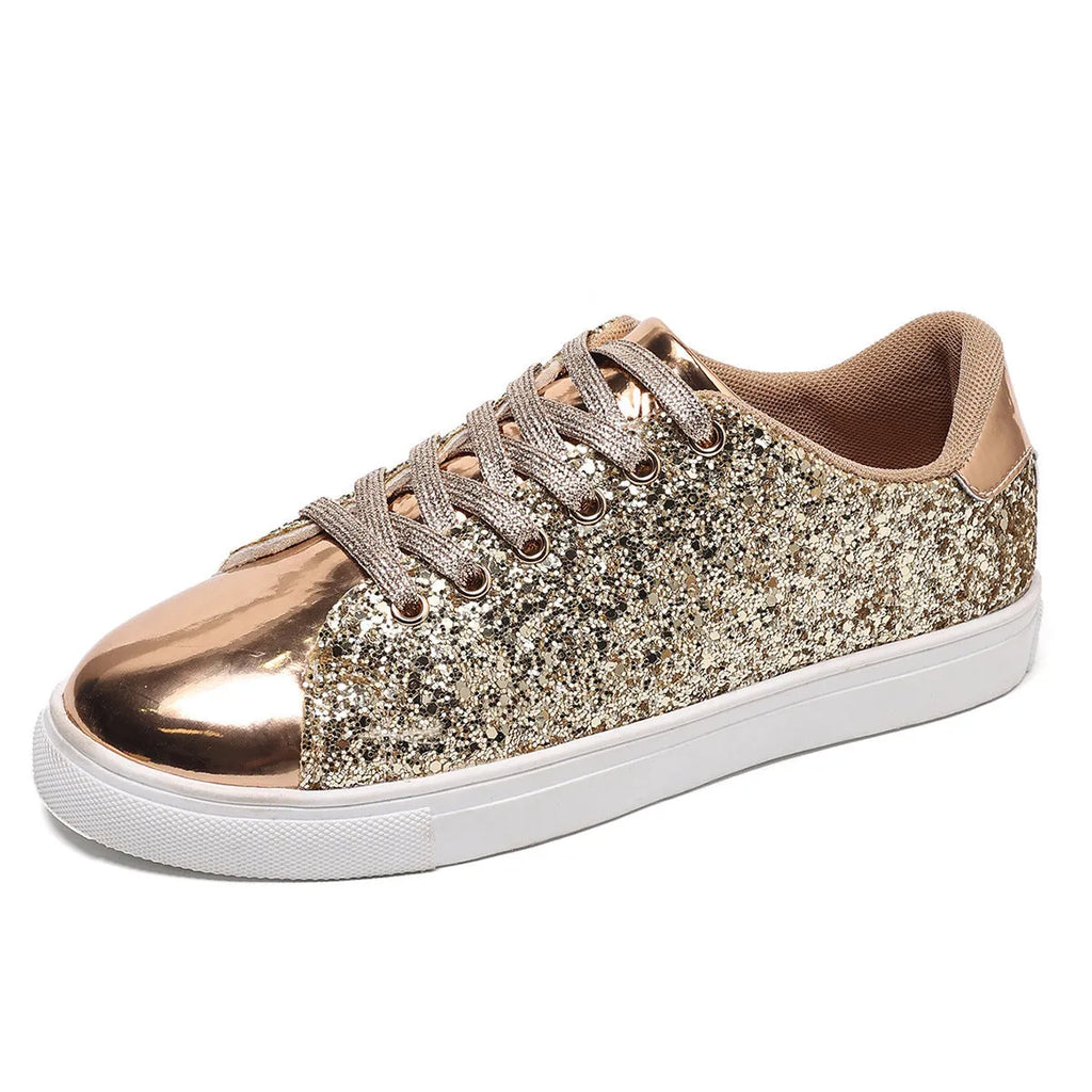 Women's plus size sequinned front lace-up board shoes in artificial leather, shown in black, gold, purple, and silver.