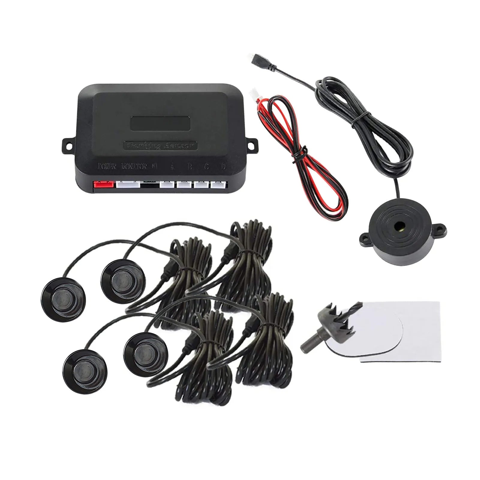 4-probe buzzer reversing radar kit with sensors, control module, and installation tools