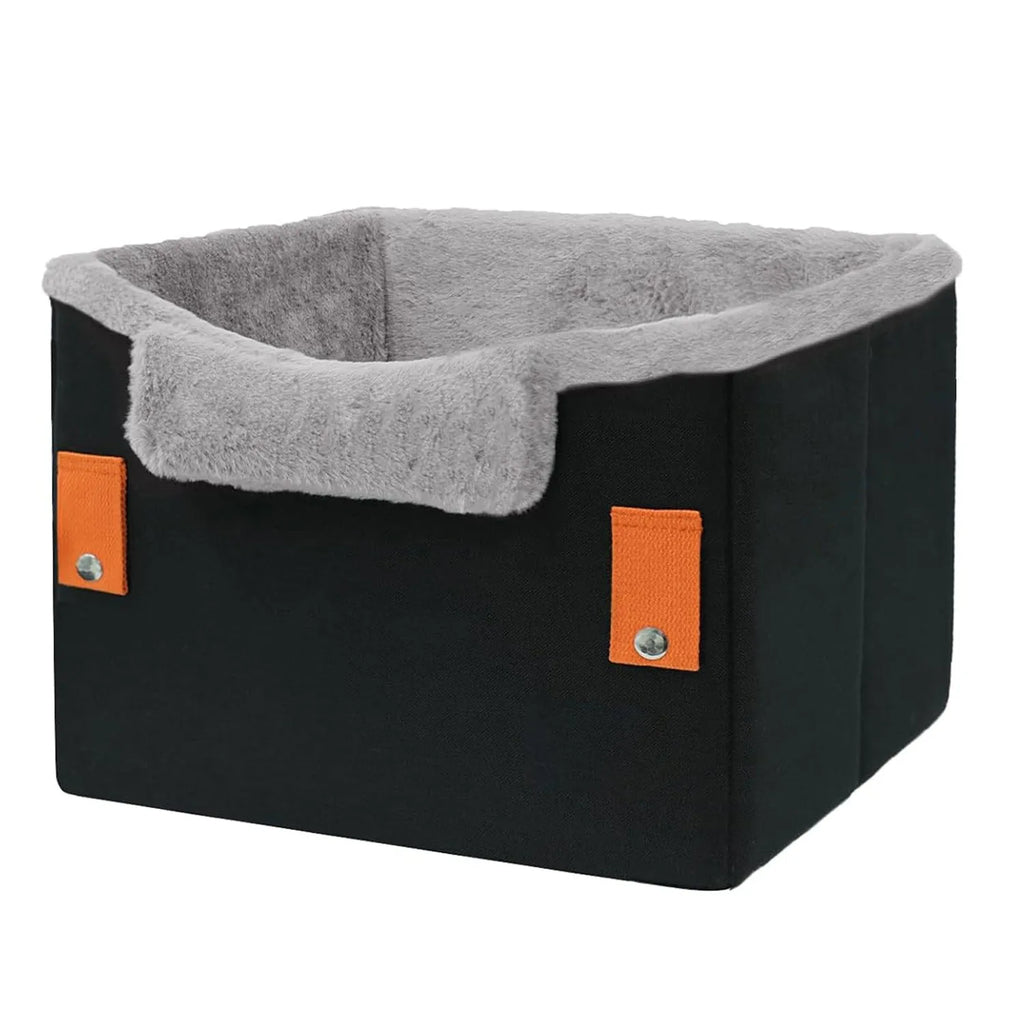 Small dog car seat in grey with safety buckle and fleece lining, measuring 40.6 x 33 x 28 cm