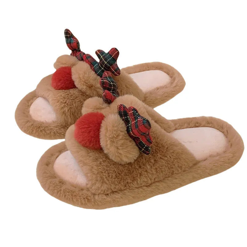 Brown women's fluffy cotton slippers with a deer cartoon design, suede upper, and PVC sole.
