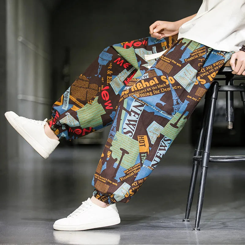 Men's cotton wide leg casual trousers with print, loose fit, available in multiple colours and sizes